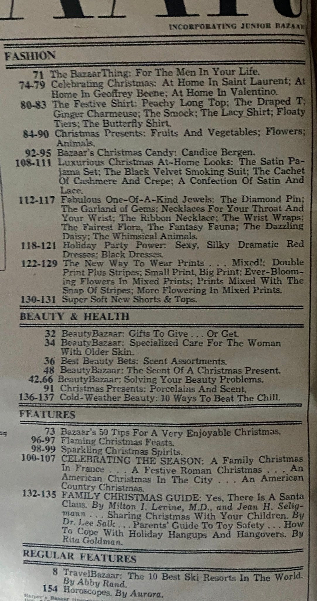 Table of contents from Harper's Bazaar Magazine December 1977 highlighting fashion and beauty sections with featured articles on Christmas fashion trends.
