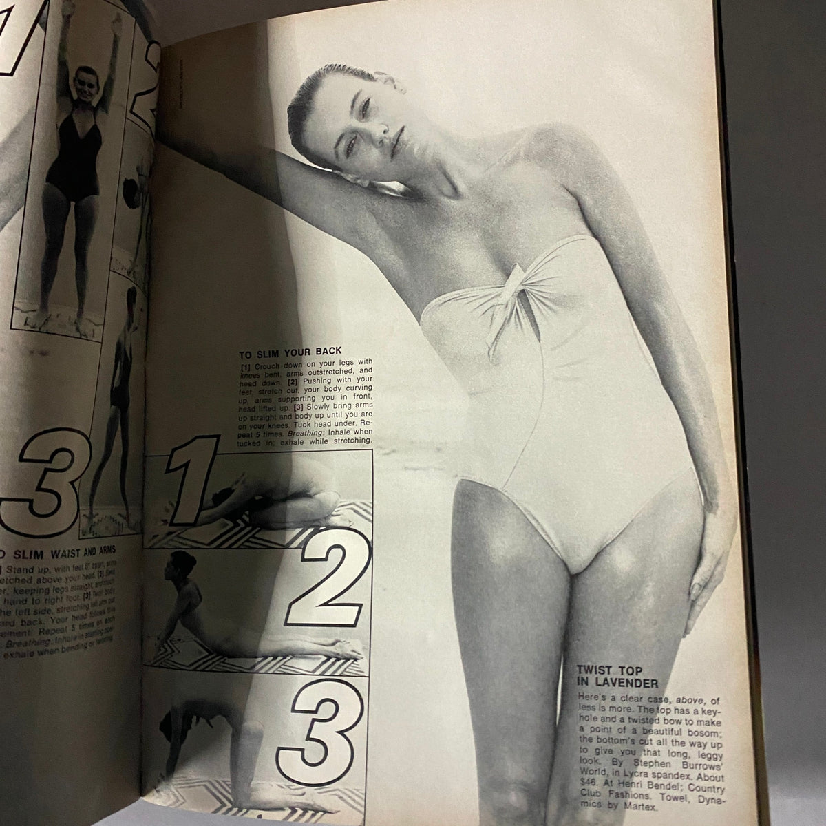 Fashion editorial image showcasing a model in a lavender swimsuit with slimming exercises from Harper's Bazaar Magazine January 1978 Cristina Ferrare Cover VG.