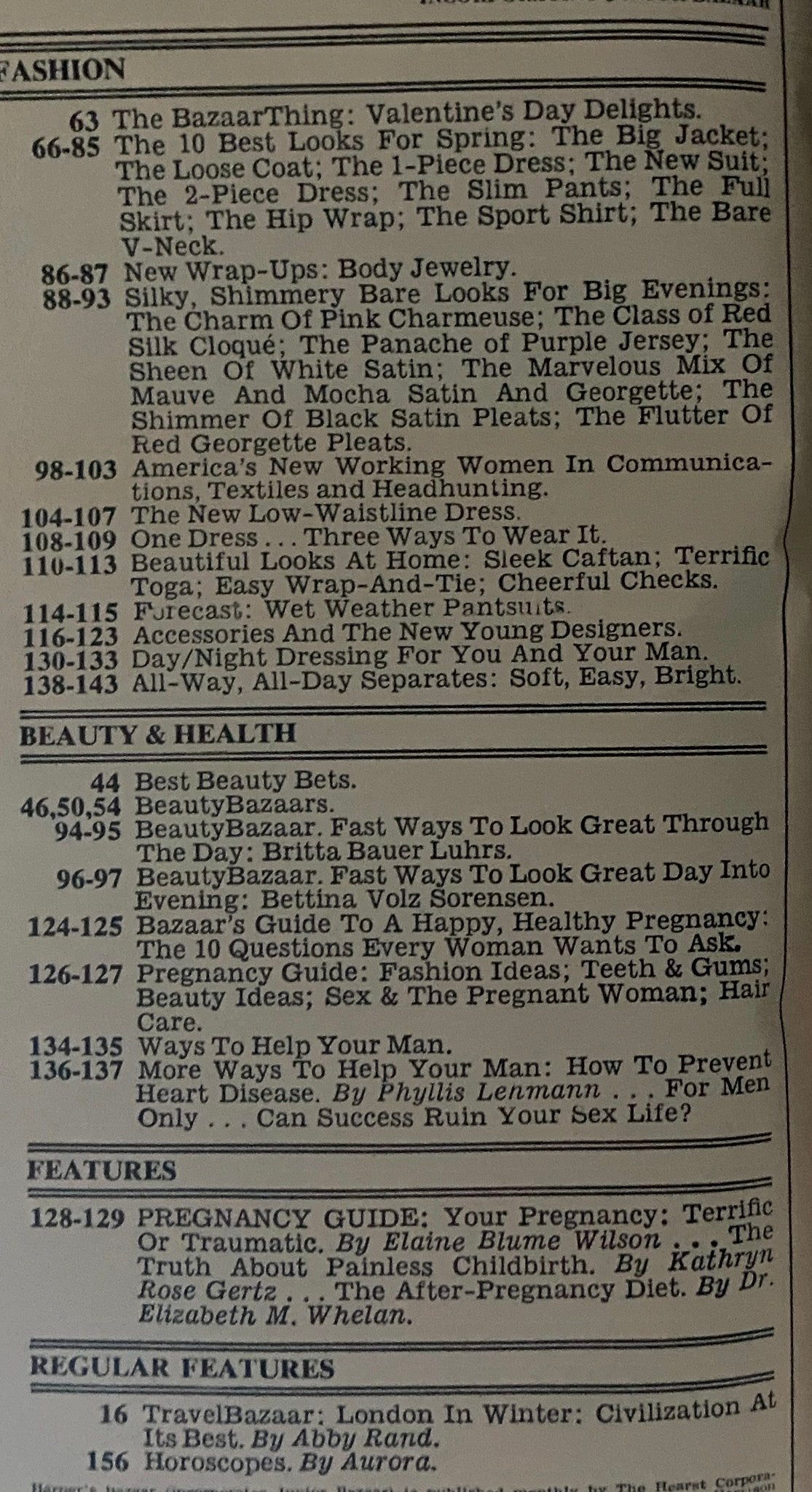 Table of contents from Harper's Bazaar Magazine February 1978 highlighting features on fashion and beauty.