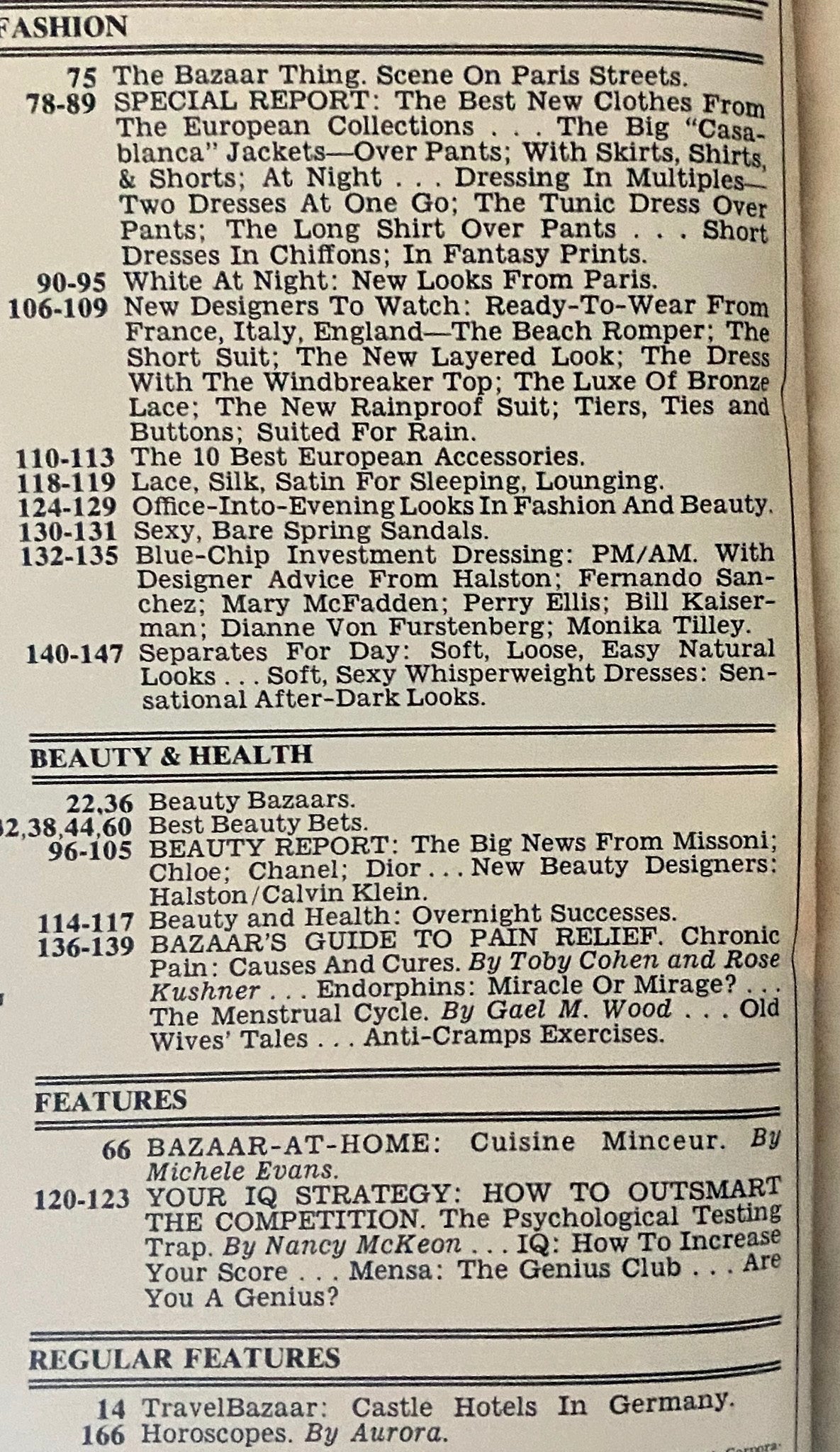 Contents page of Harper's Bazaar Magazine March 1978 featuring fashion and beauty articles, showcasing trends from the late 1970s.