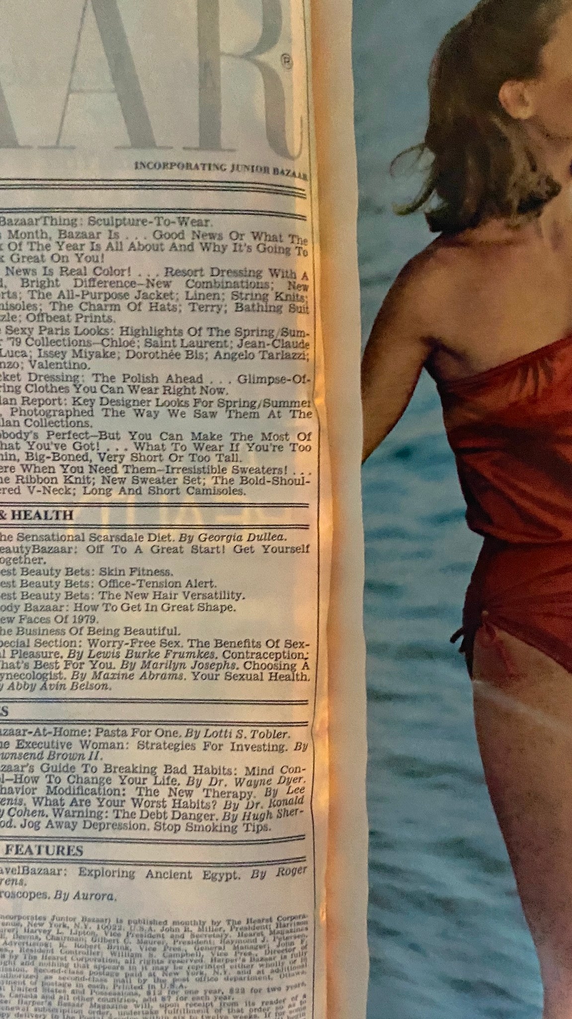 Interior page of Harper's Bazaar Magazine January 1979 highlighting fashion articles, including 'Sculpture-To-Wear' and health topics like the 'Sensational Scarsdale Diet'.
