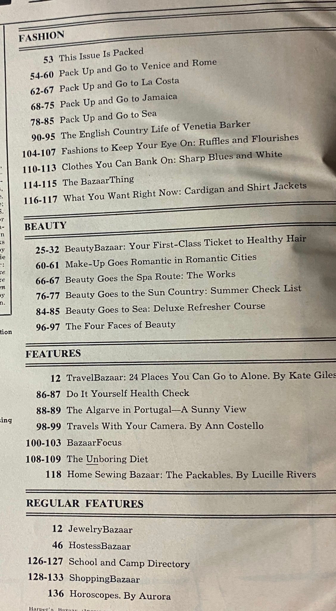 Table of contents page from Harper's Bazaar Magazine, May 1973, detailing articles on fashion, beauty, and travel, reflecting the trends of the early 1970s.