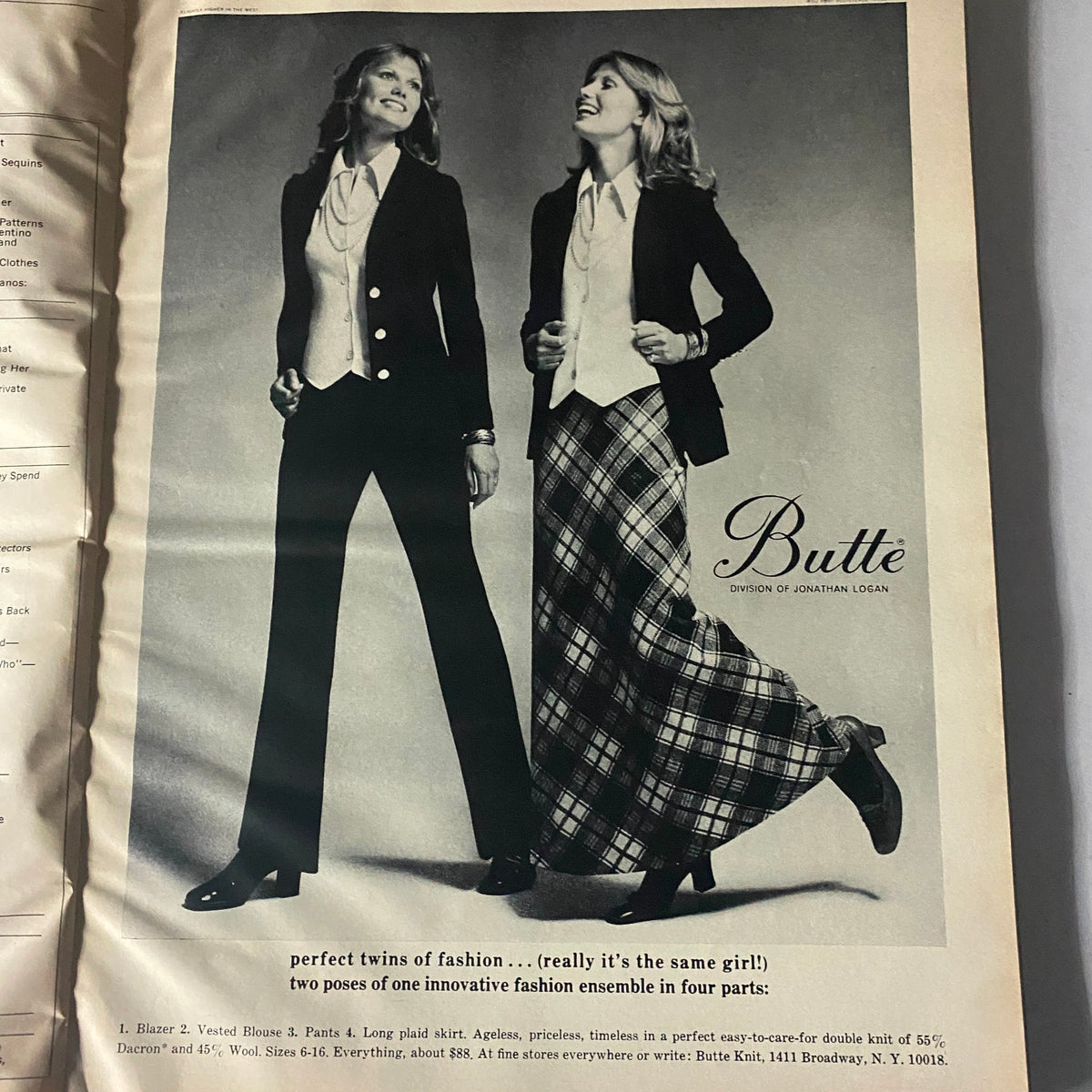 Vintage fashion advertisement in Harper's Bazaar Magazine, October 1972, showcasing stylish models in classic outfits.