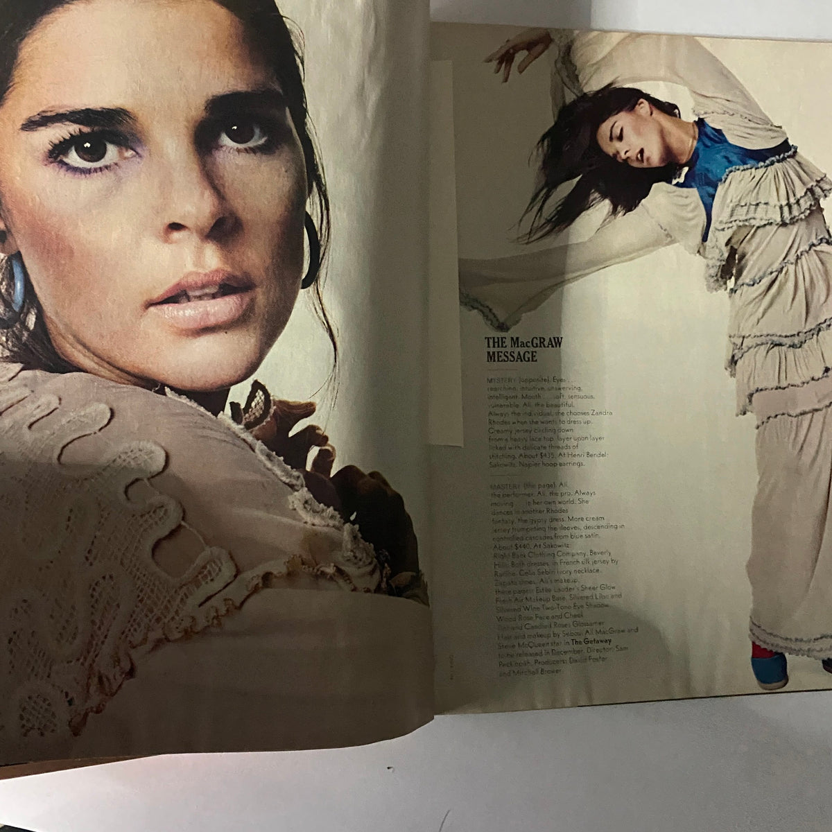 An editorial spread in Harper's Bazaar Magazine, October 1972, featuring a portrait of Ali MacGraw alongside a fashion editorial.