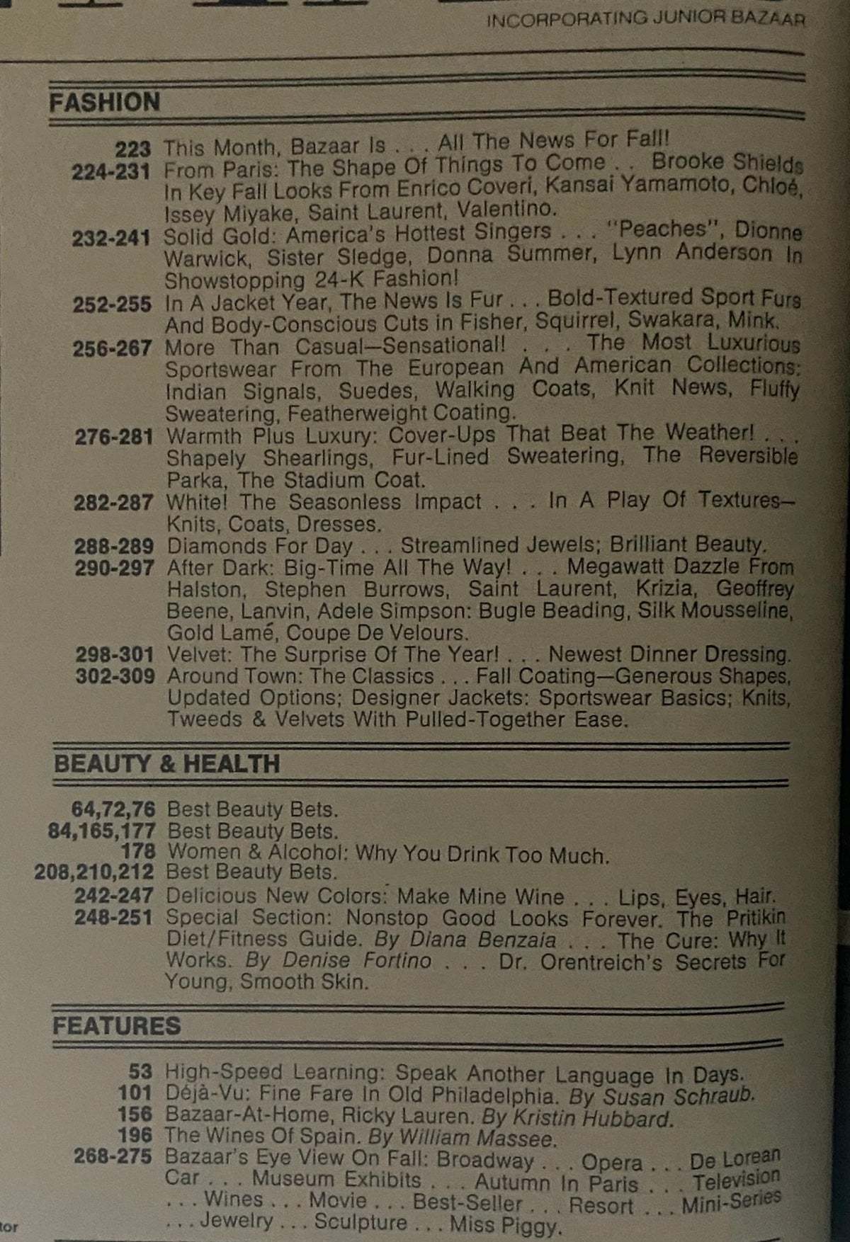 Table of contents from Harper's Bazaar September 1980 highlighting articles on fashion trends, beauty, and health.