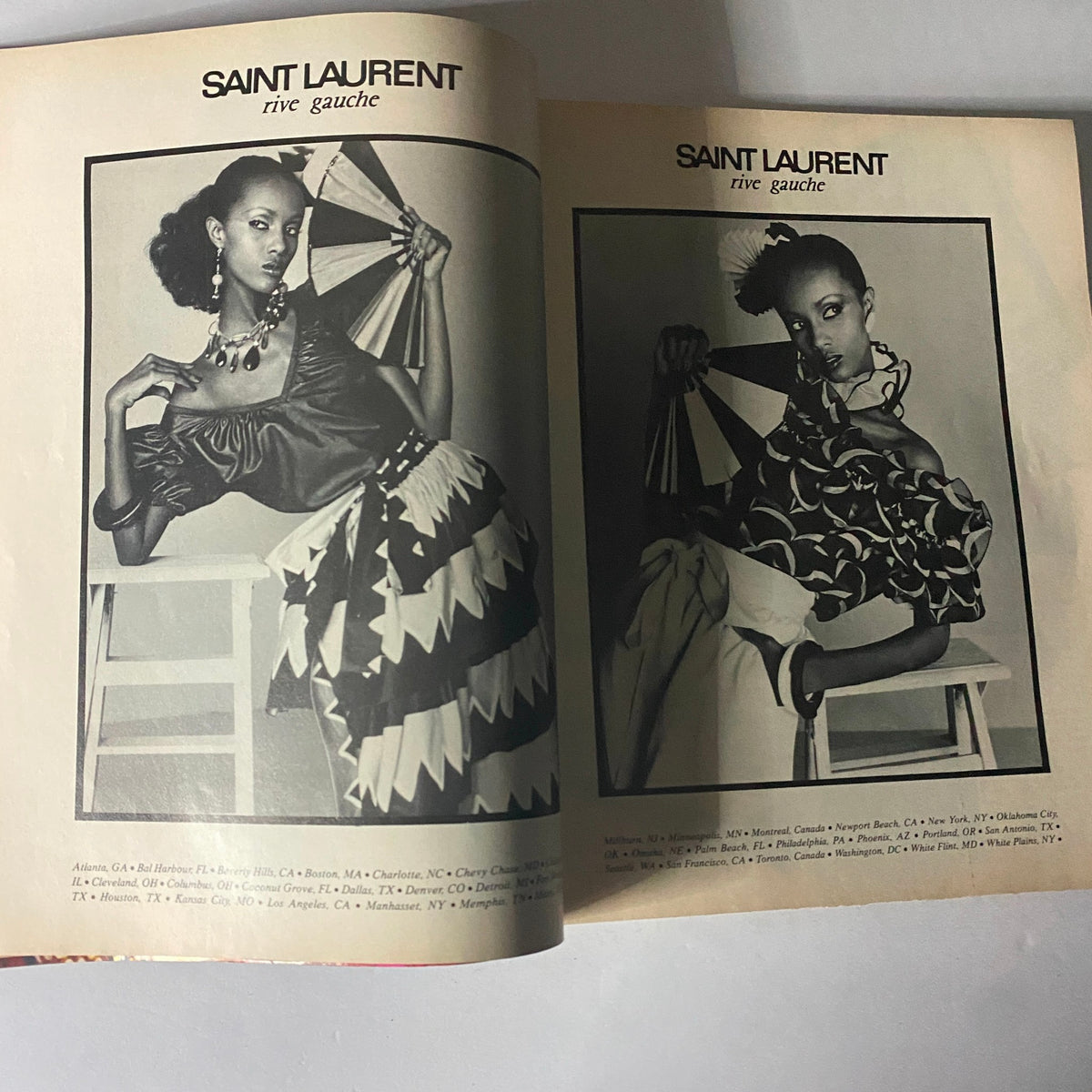 Inside pages of Harper's Bazaar Magazine April 1980, highlighting a Saint Laurent fashion feature, showcasing iconic styles from the 1980s.