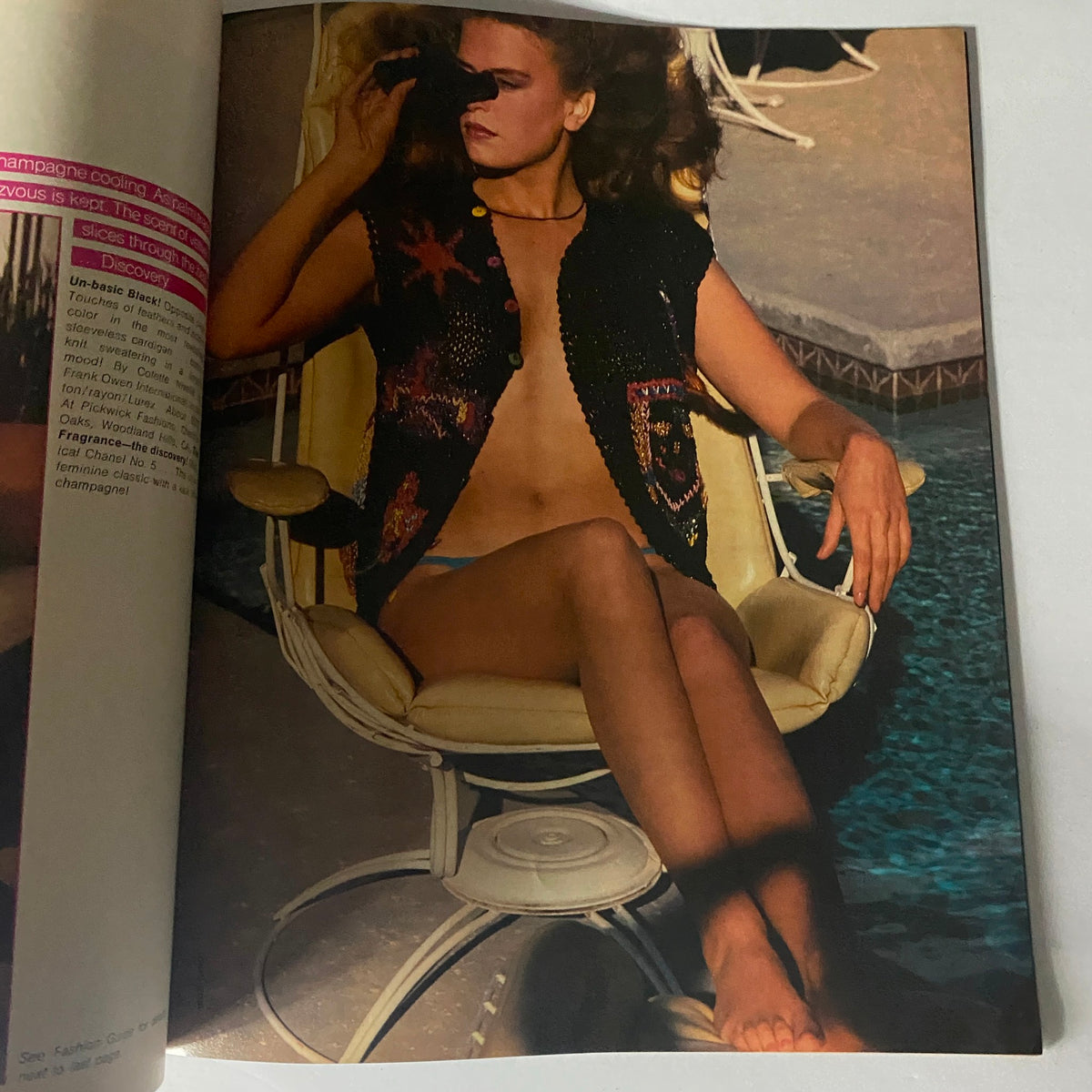 Fashion photo from Harper's Bazaar Magazine May 1980 featuring a model relaxing by a pool, wearing stylish beach attire, capturing the essence of 1980s summer fashion.