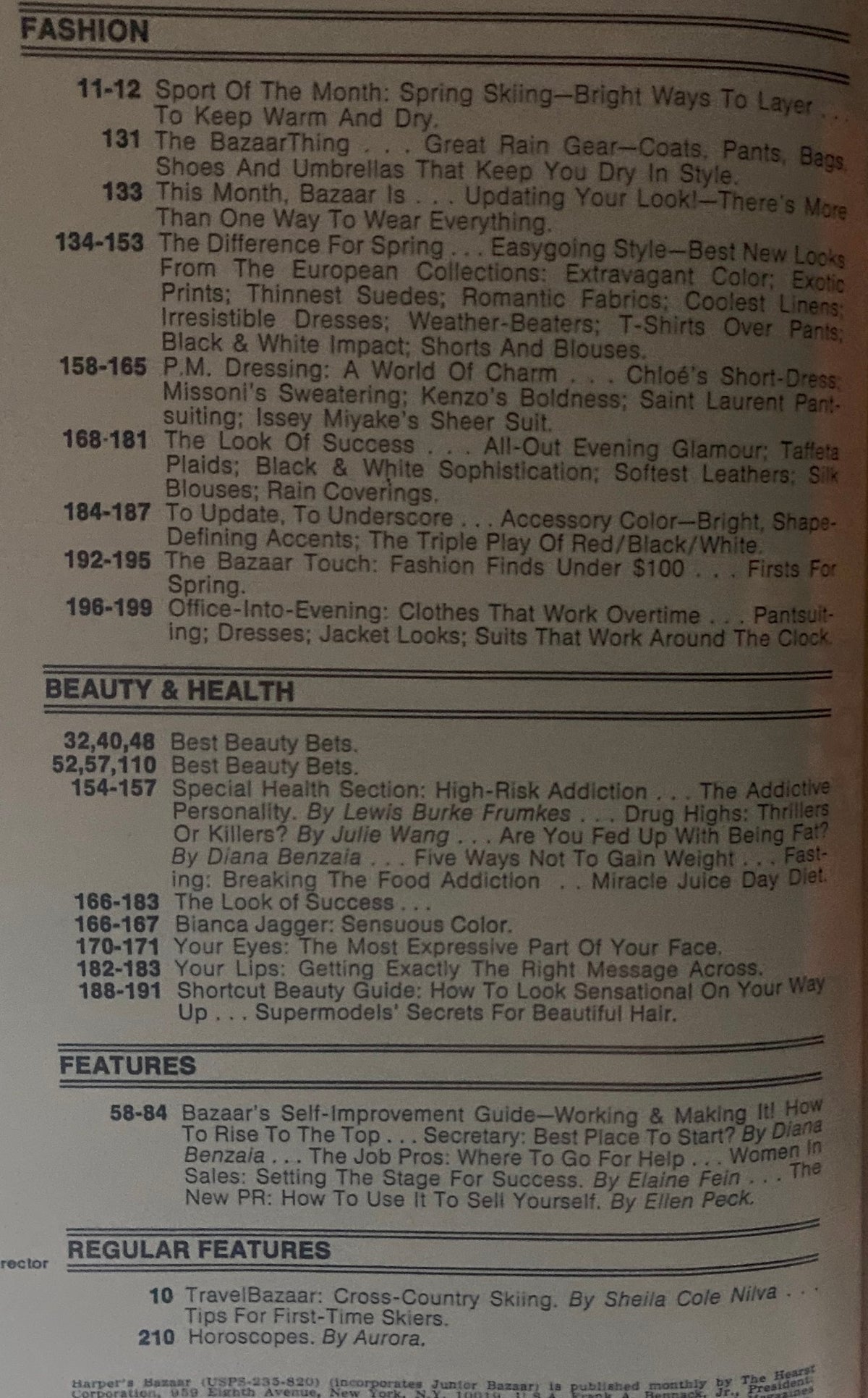 Table of contents from Harper's Bazaar Magazine March 1980, highlighting features on spring skiing fashion, makeup, and health topics of the era.