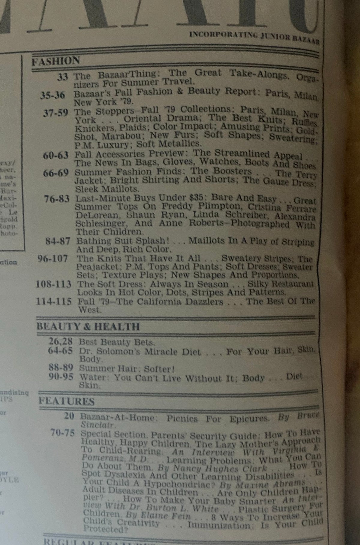 Interior page of Harper's Bazaar Magazine July 1979 featuring a table of contents listing fashion and beauty articles, highlighting trends from the 1970s.