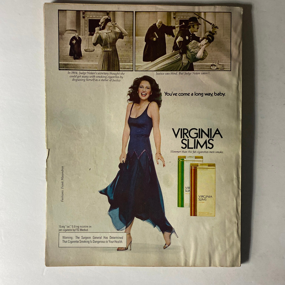Harper's Bazaar Magazine July 1979 Cheryl Tiegs Cover showing a vintage advertisement for Virginia Slims featuring a woman in a glamorous dress, representing the cultural aesthetic of the late 1970s.