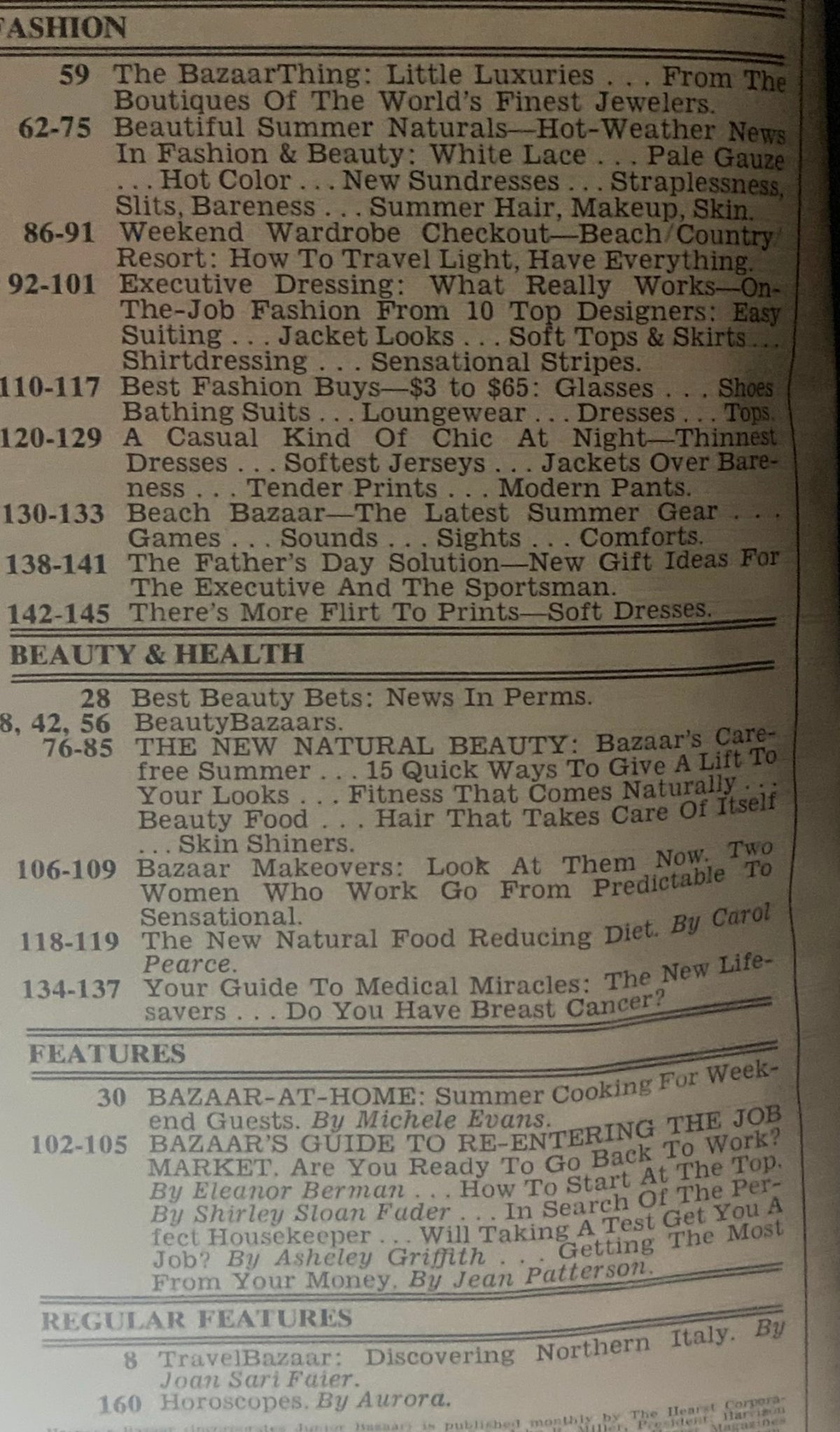 Table of contents page from Harper's Bazaar Magazine June 1978, listing featured articles and topics on fashion, beauty, and health.