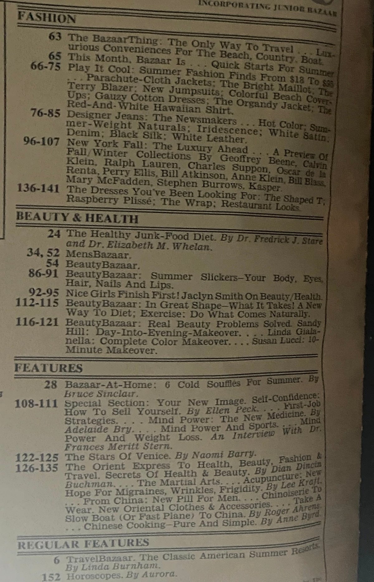Table of contents from Harper's Bazaar Magazine June 1979 showcasing fashion and beauty features including summer styles and health tips.