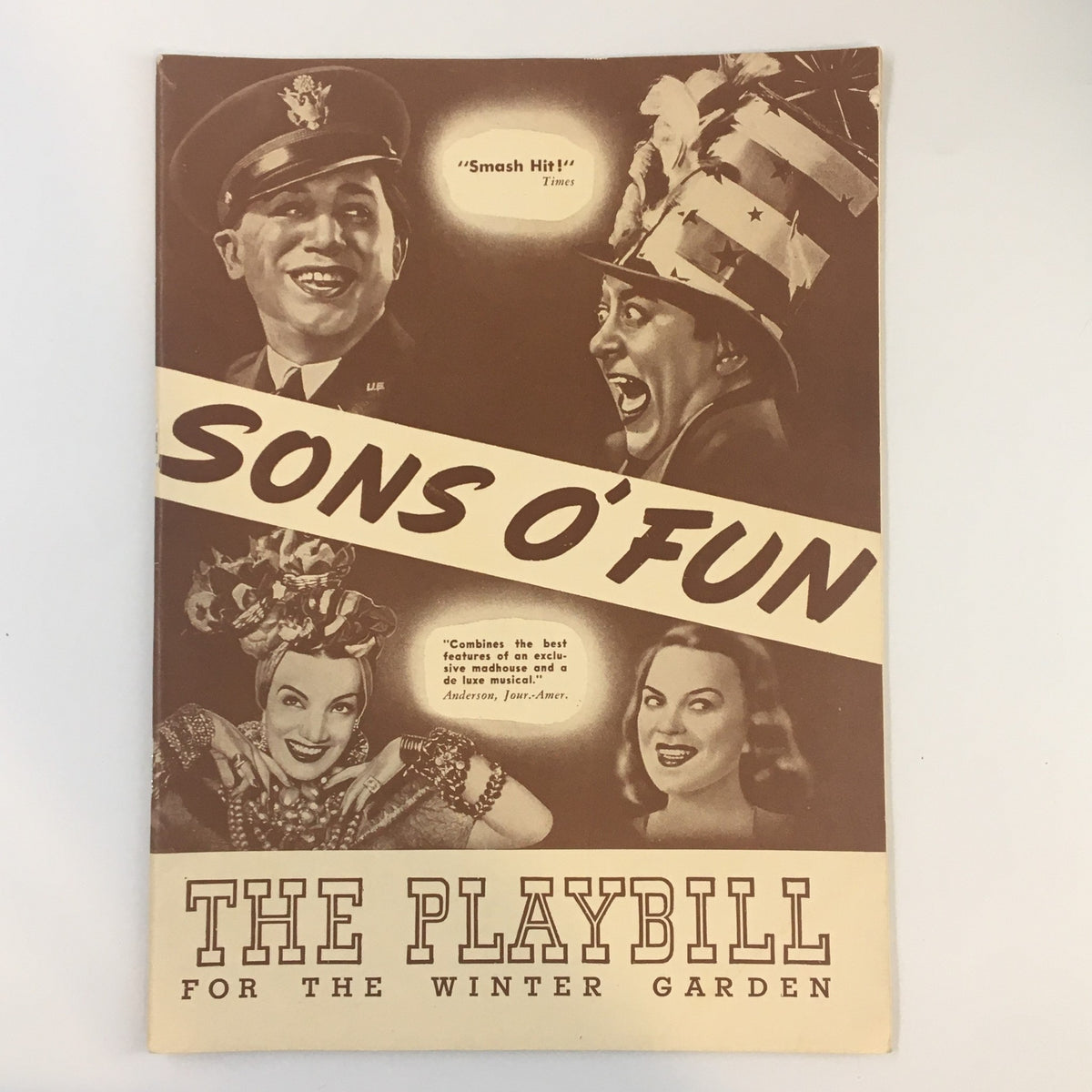 1942 Playbill for Sons O' Fun featuring Ole Olsen & Chic Johnson, showcasing a vintage design with comedic illustrations and the Winter Garden Theatre title.