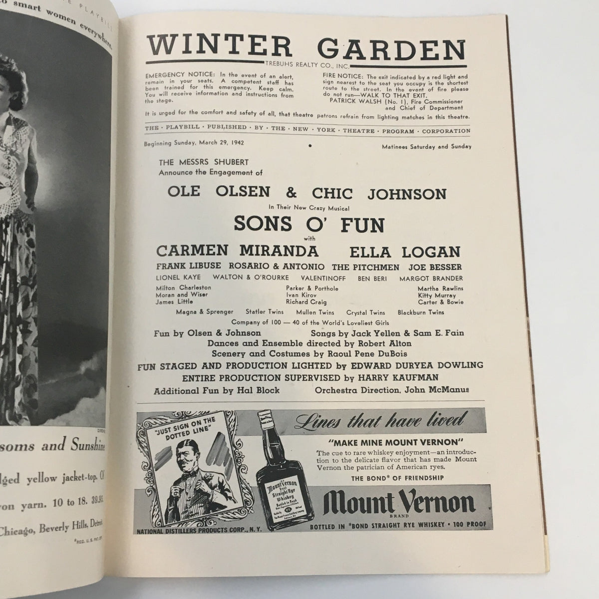 Interior page of the 1942 Playbill for Sons O' Fun announcing the engagement of Ole Olsen & Chic Johnson, with details about supporting cast including Carmen Miranda.