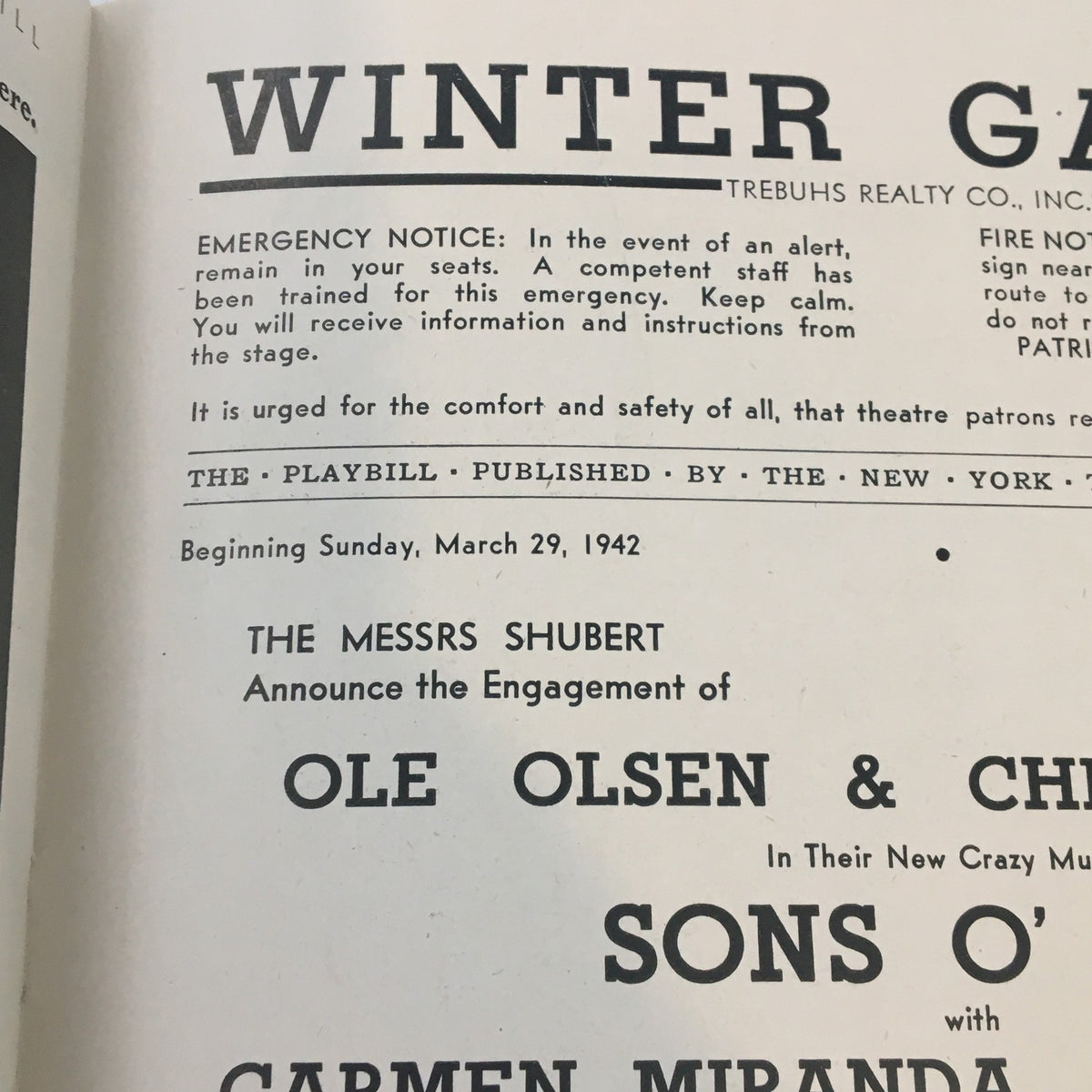 Another interior view of the 1942 Playbill for Sons O' Fun, highlighting emergency notices and the production details at the Winter Garden Theatre.