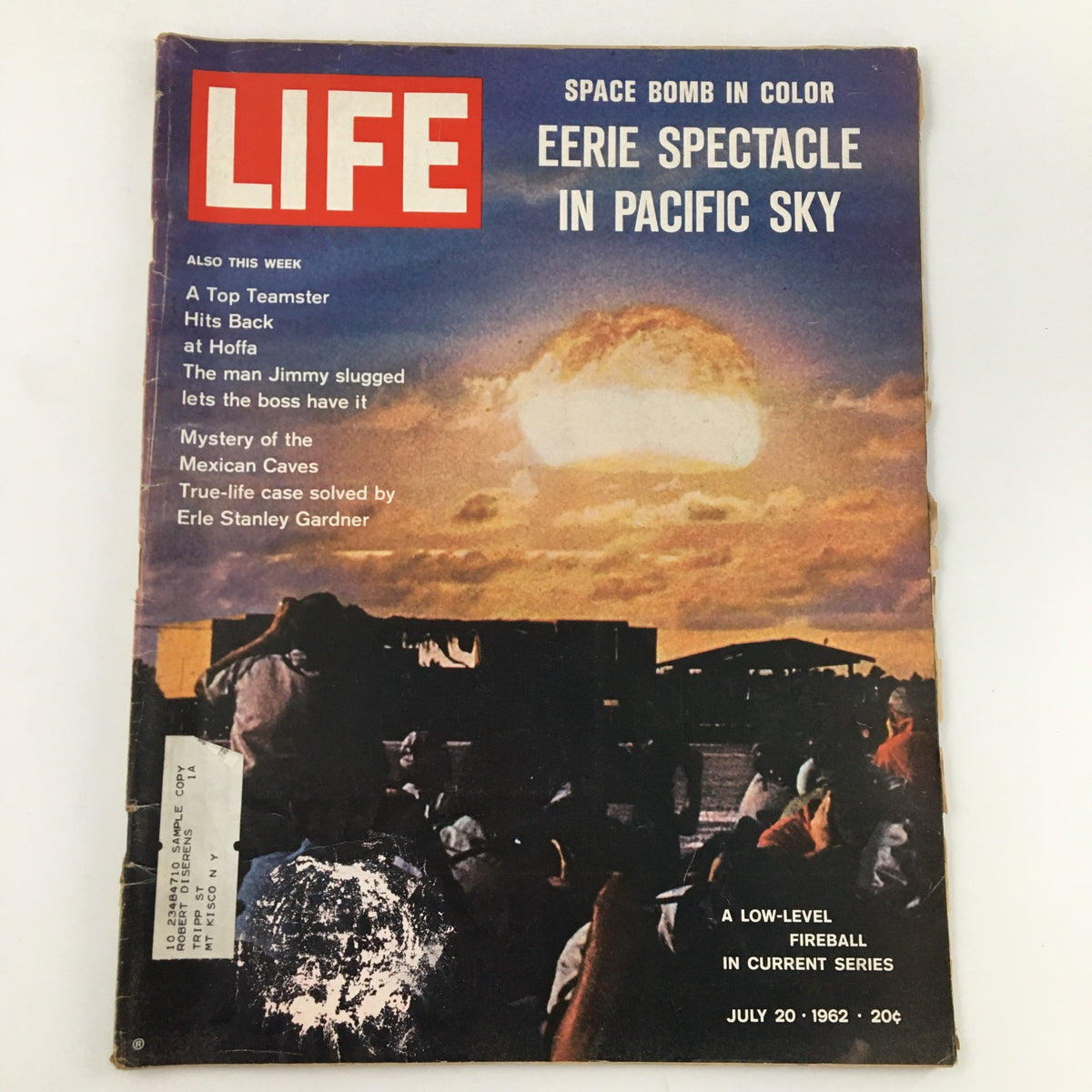 Cover of VTG Life Magazine from July 20, 1962 featuring the article 'True-Life Case Solved by Erle Stanley Gardner', showcasing a dramatic sky with an explosion, typical of historical issues from this era.