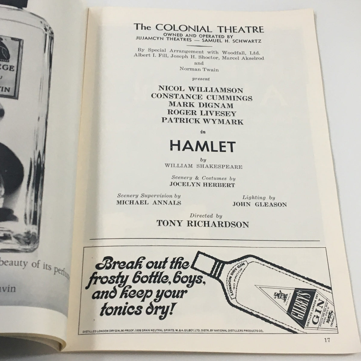 1969 Playbill The Colonial Theatre Hamlet by William Shakespeare featuring the cast details including Nicol Williamson and Patrick Wymark, and highlighting the production directed by Tony Richardson.
