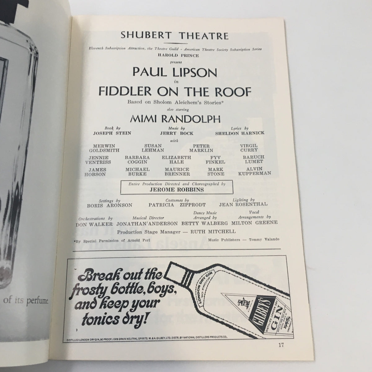 Inside page of the 1969 Playbill showcasing Paul Lipson in Fiddler on the Roof at the Shubert Theatre, including cast details and Jerome Robbins' choreography.
