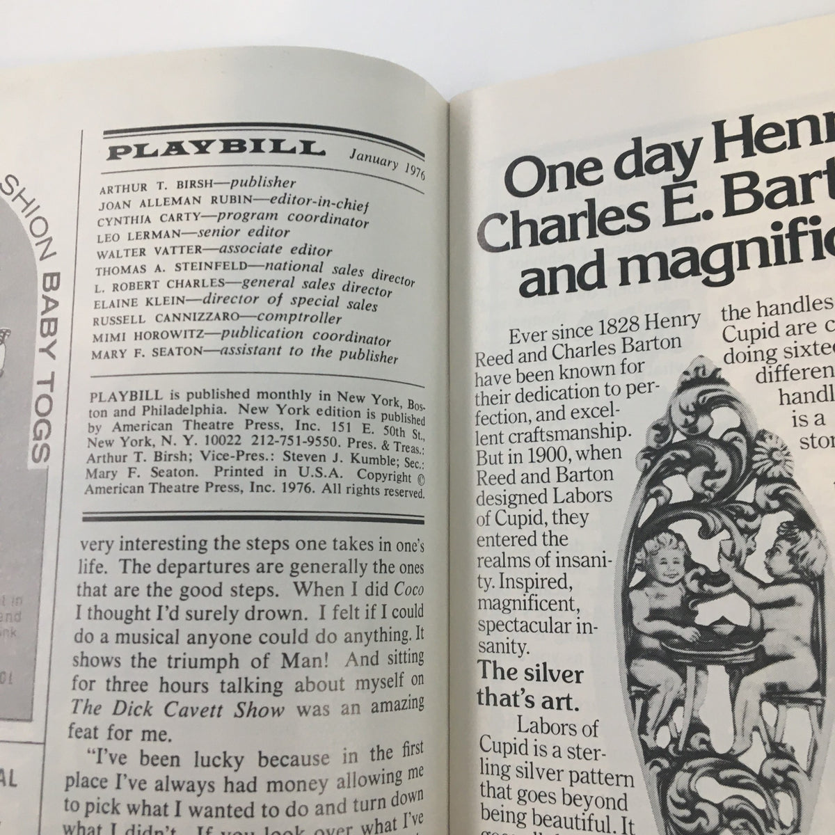 Interior page of the 1976 Playbill for Very Good Eddie at The Booth Theatre, featuring production credits and contributions, showcasing historical Broadway memorabilia.