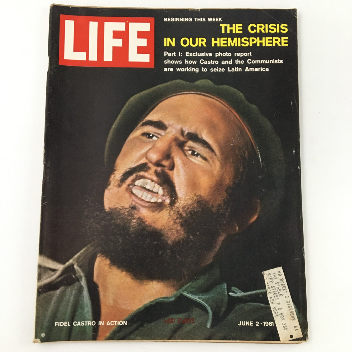 Cover of the VTG Life Magazine from June 2, 1961, featuring Fidel Castro with the headline 'THE CRISIS IN OUR HEMISPHERE.' The magazine includes a photo report on Castro and the Communists' influence in Latin America.