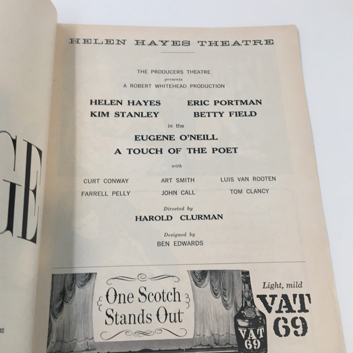 Inside page of the 1969 Playbill for A Touch of the Poet detailing cast and crew at Helen Hayes Theatre.
