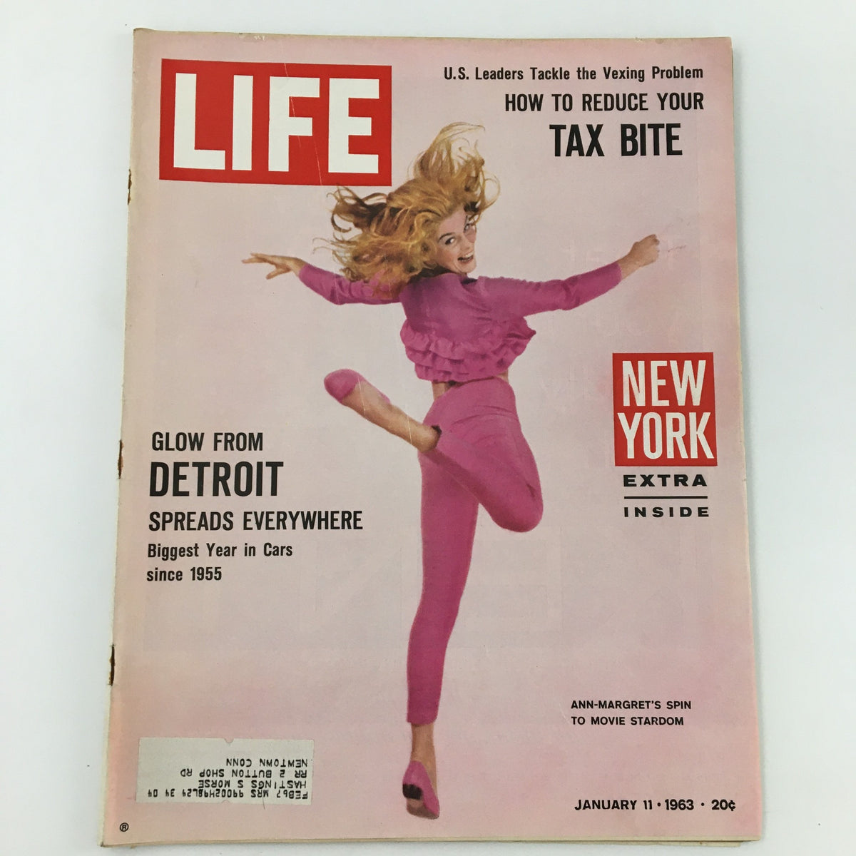 Vintage Life Magazine cover from January 11, 1963 featuring Ann-Margaret's Spin To Movie Stardom. The cover showcases Ann-Margaret in a vibrant pink outfit, embodying the glamour of early 1960s Hollywood.