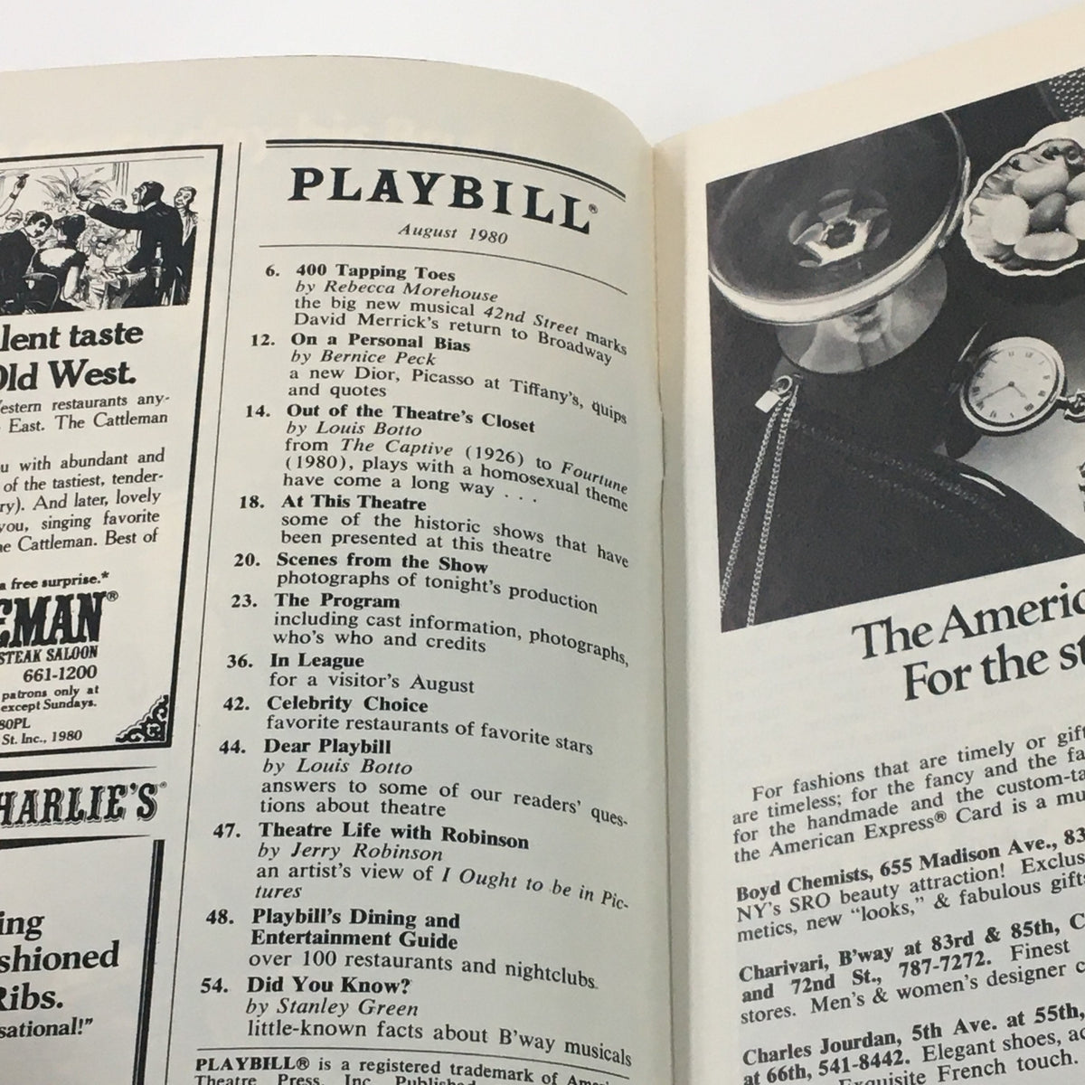 1980 Playbill Ethel Barrymore Theatre featuring Anthony Perkins and Mia Farrow in Romantic Comedy, including an entertainment guide and advertisements.