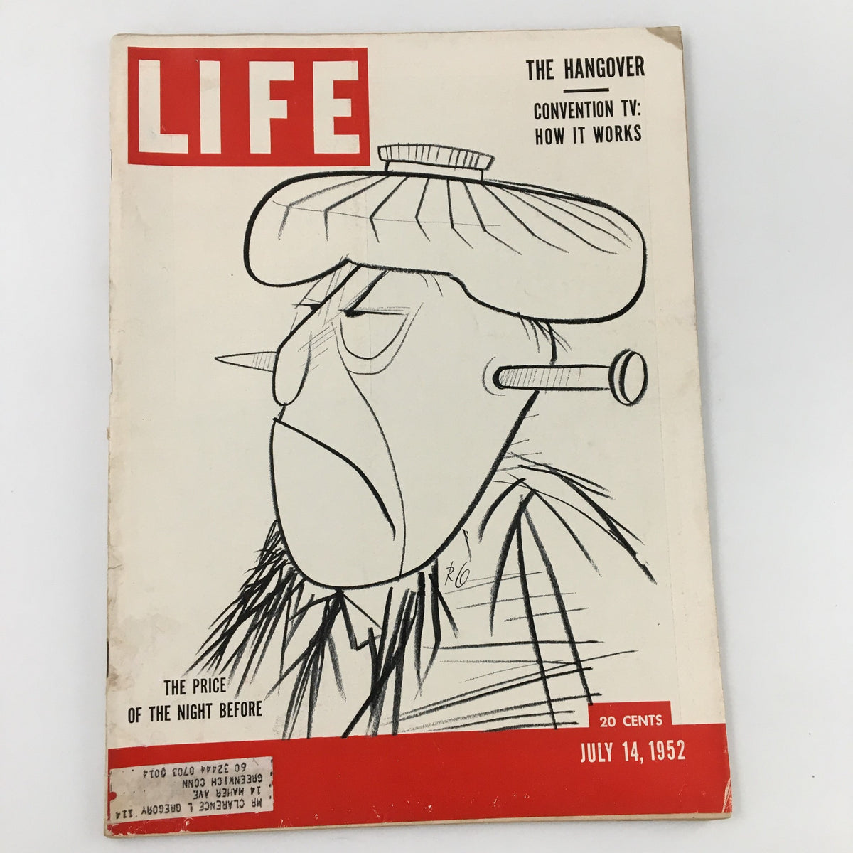 Cover of the VTG Life Magazine dated July 14, 1952 featuring 'The Price of the Night Before,' showcasing an illustrated face with a hat and a unique artistic style.