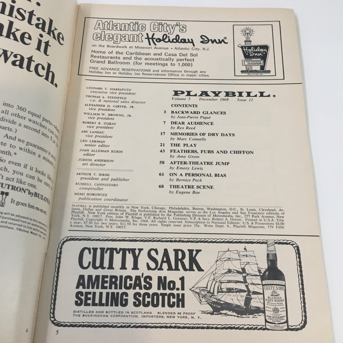 Interior view of the 1968 Playbill for 'You Know I Can't Hear You When The Water's Running' featuring contents and advertisements, collectible theatre memorabilia.