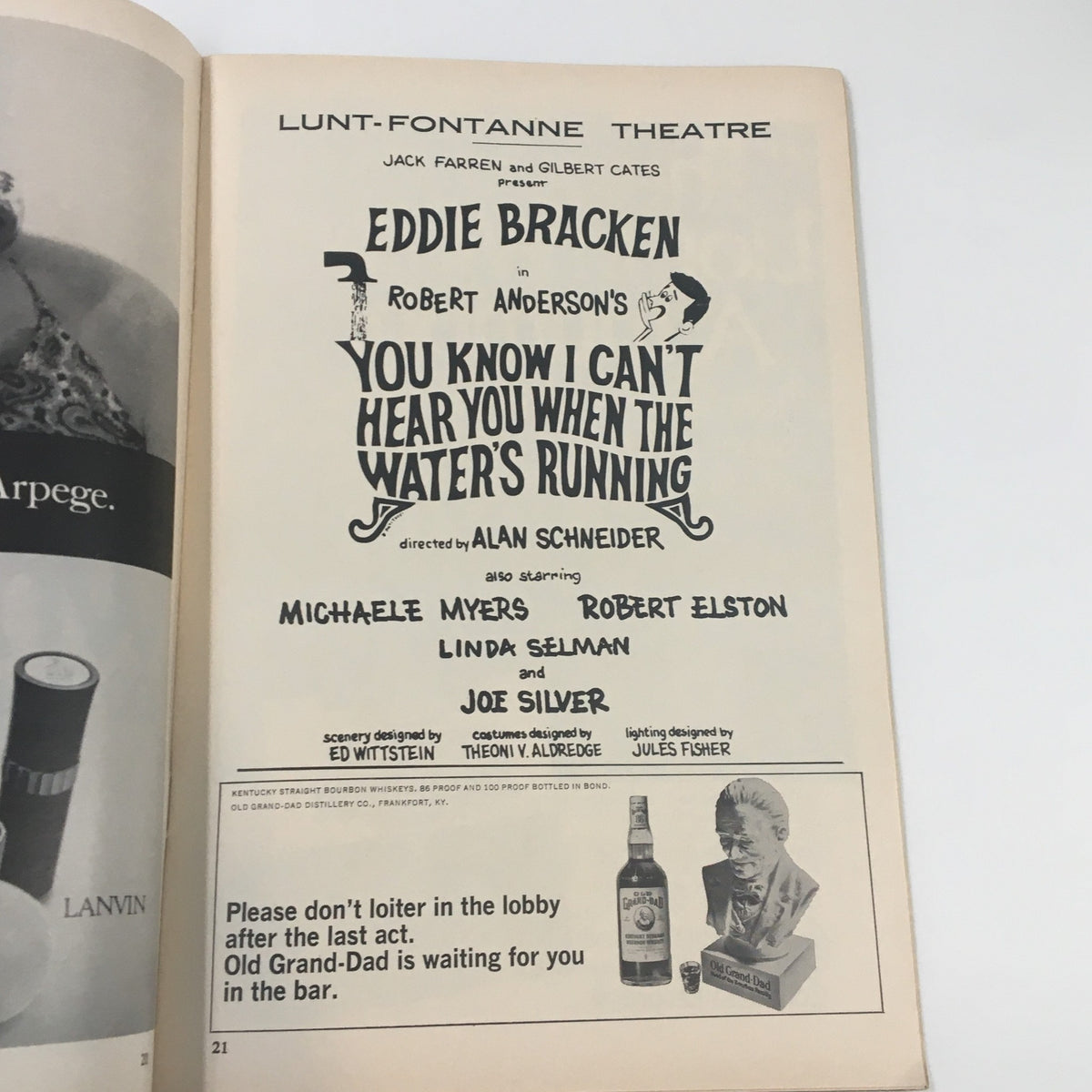 Page from the 1968 Playbill showcasing Eddie Bracken in 'You Know I Can't Hear You When The Water's Running', with cast details and theatrical production credits.