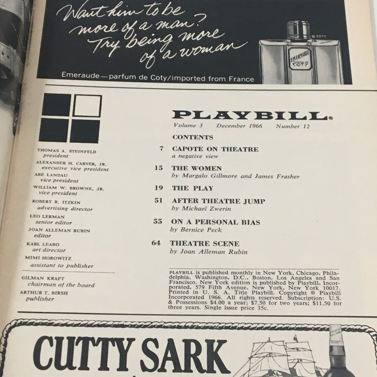 Interior page of the December 1966 Playbill for The Rose Tattoo, detailing the contents and advertisements within the vintage magazine.