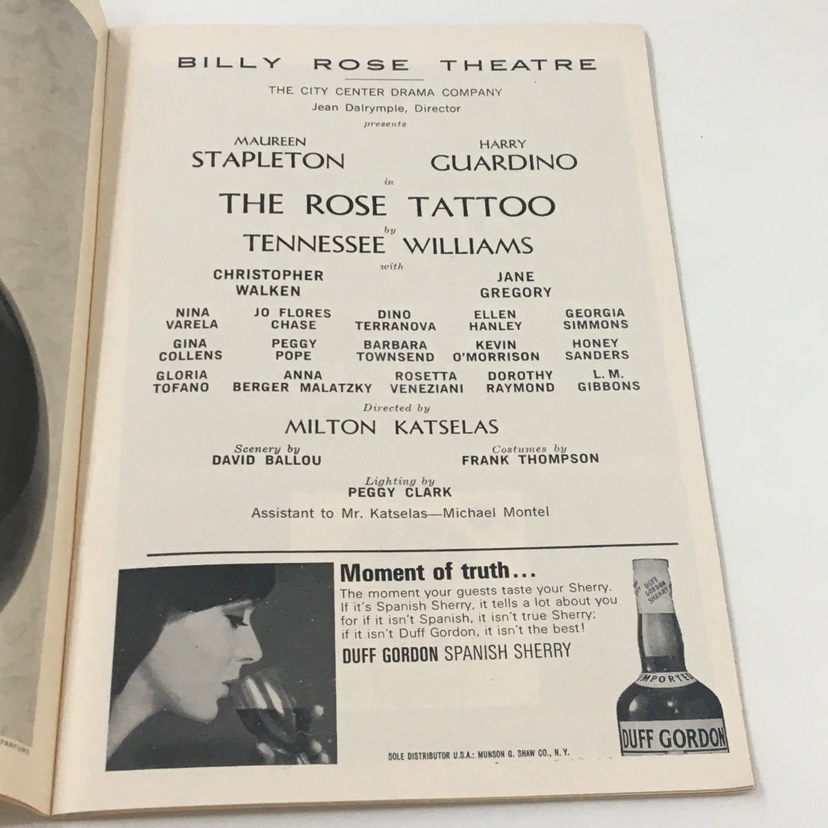 An interior page from the 1966 Playbill for The Rose Tattoo, listing the cast and production staff, including noted actors Maureen Stapleton and Harry Guardino.