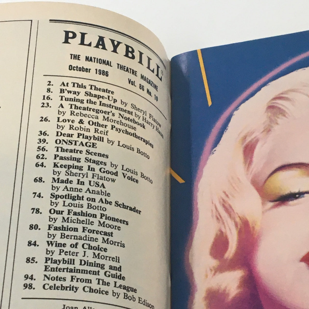 Inside view of the October 1986 Playbill featuring contents, including articles and features related to theatre, from the production of 'You Never Can Tell'.