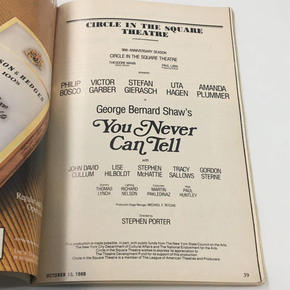 Detailed page from the 1986 Playbill for George Bernard Shaw's 'You Never Can Tell', listing the cast and production team at Circle in the Square Theatre.