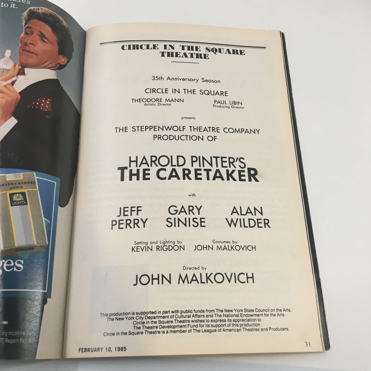 Inside page of the 1986 Playbill for Harold Pinter's The Caretaker featuring production details, cast members, and directorial credits.