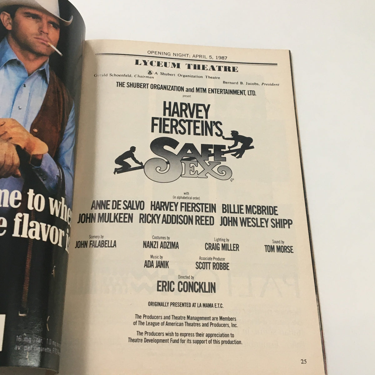 Interior view of the 1987 Playbill for Harvey Fierstein's Safe Sex at Lyceum Theatre, showcasing cast and crew details, highlighting the theatrical production's opening night.