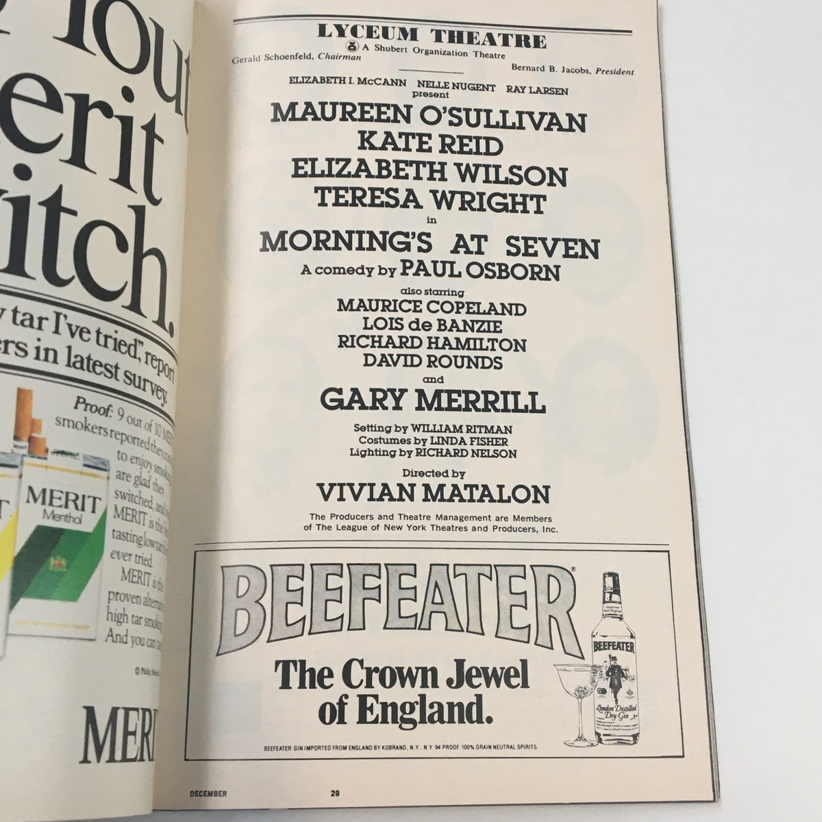 Advertisement page from the 1980 Playbill for Mornings at Seven, highlighting the Lyceum Theatre's productions and sponsors.