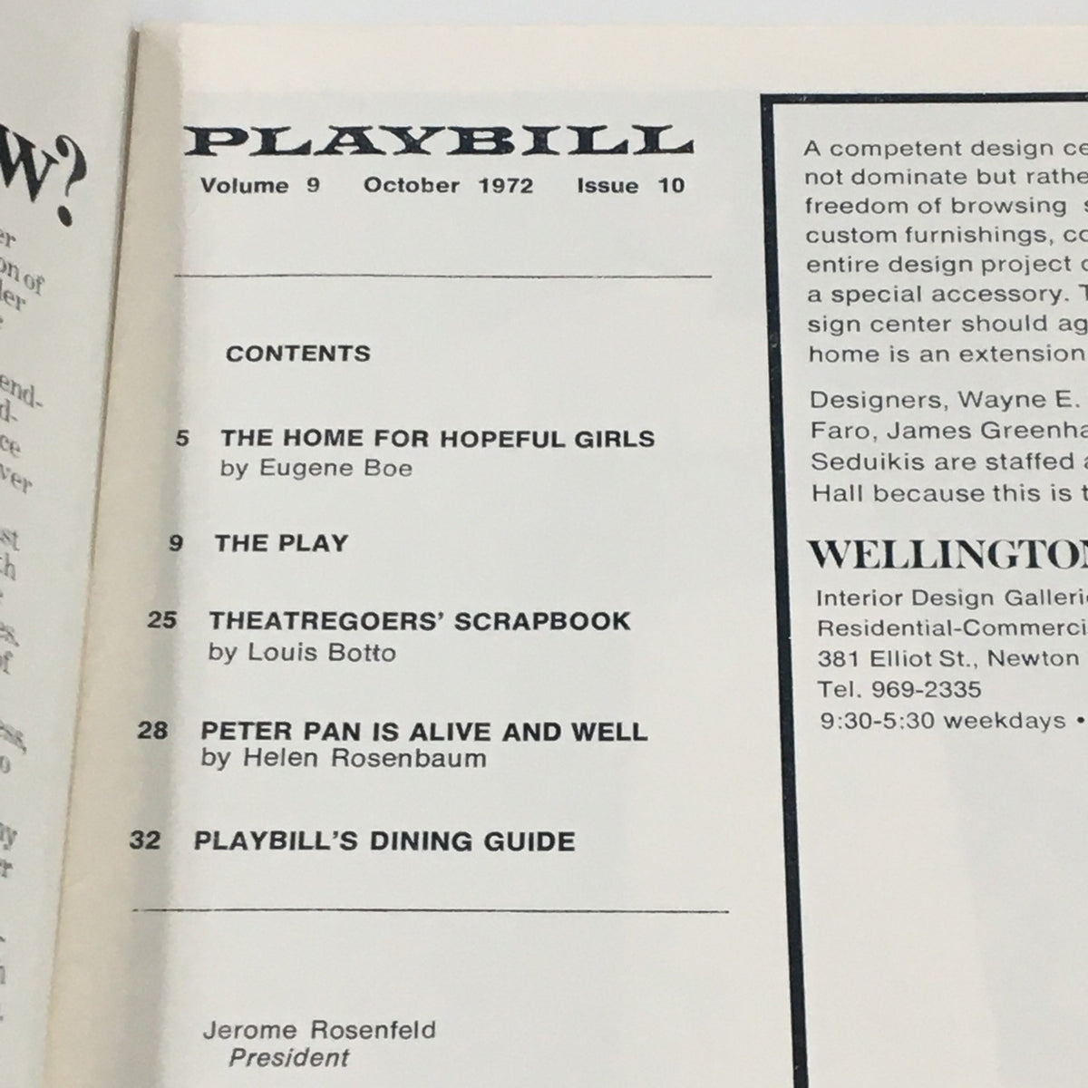 A page from the October 1972 Playbill detailing contents, including features on 'The Home for Hopeful Girls' and 'Peter Pan is Alive and Well'.