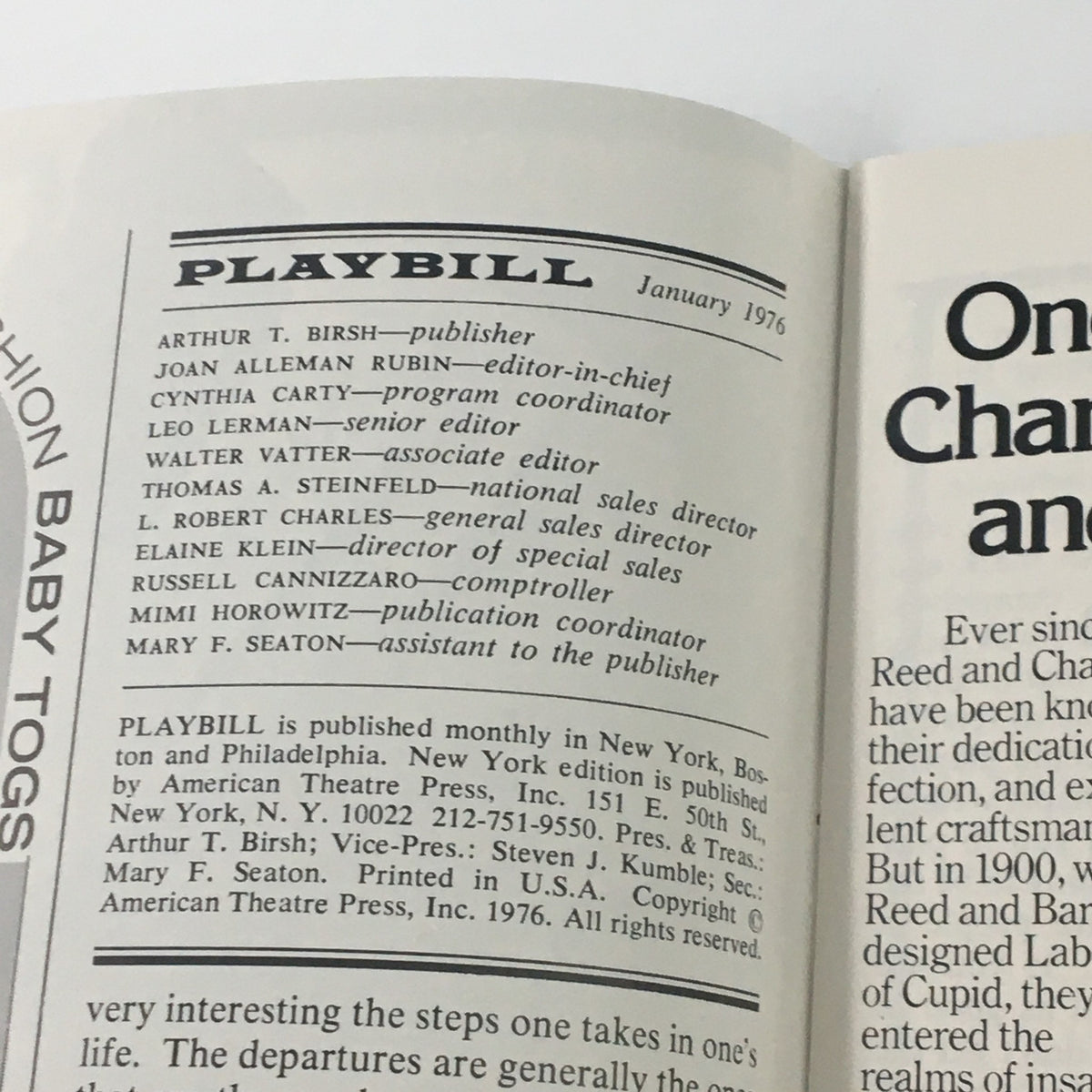 Inside page of the 1976 Playbill for New York Shakespeare Festival detailing the editorial team and contributors.