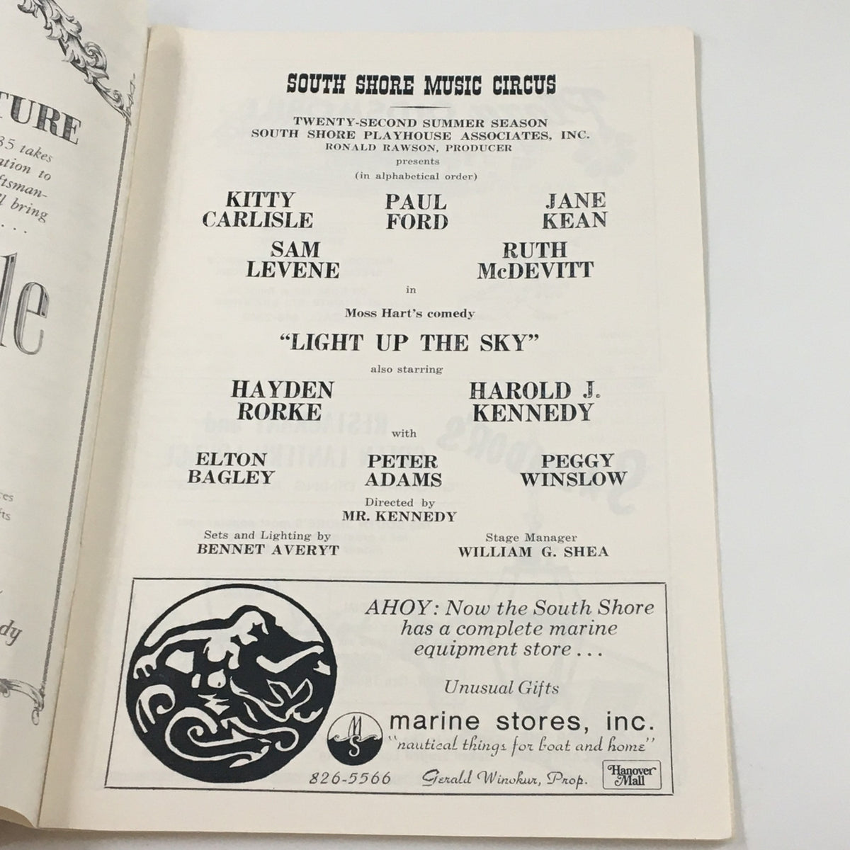 Another interior page of the 1972 Playbill showcasing cast and production details for Moss Hart's comedy Light Up The Sky at South Shore Music Circus.