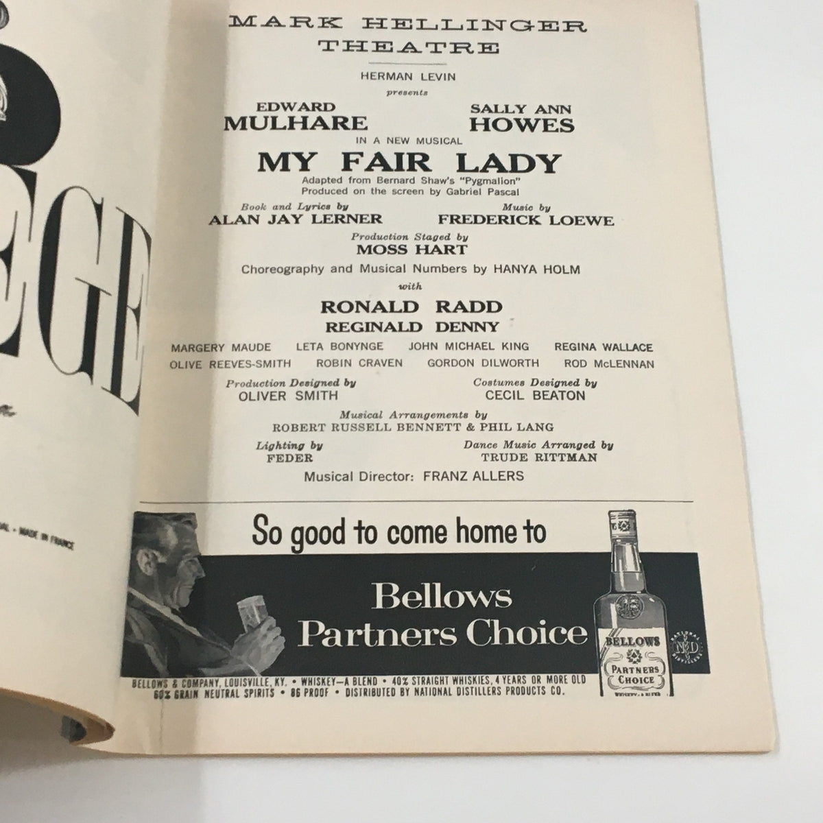 1959 Playbill for My Fair Lady showcasing cast and credits at Mark Hellinger Theatre.