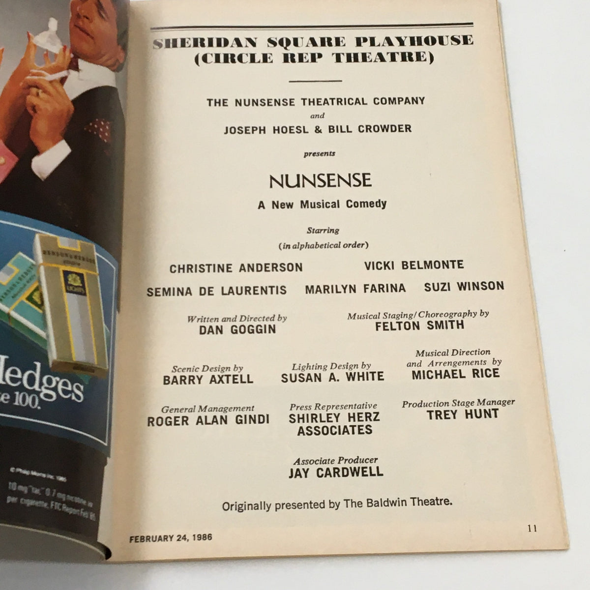 1986 Playbill Sheridan Square Playhouse Nunsense Musical featuring cast names and creative team details, capturing the essence of the live theatre production.