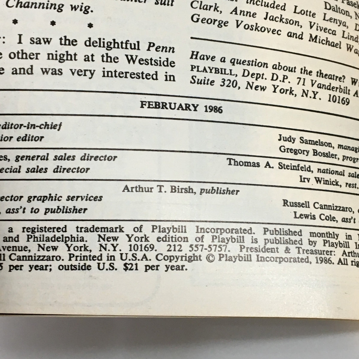1986 Playbill Sheridan Square Playhouse Nunsense Musical showing publication details, including the editor and publisher information, reflecting the nostalgia of 1980s theatre memorabilia.