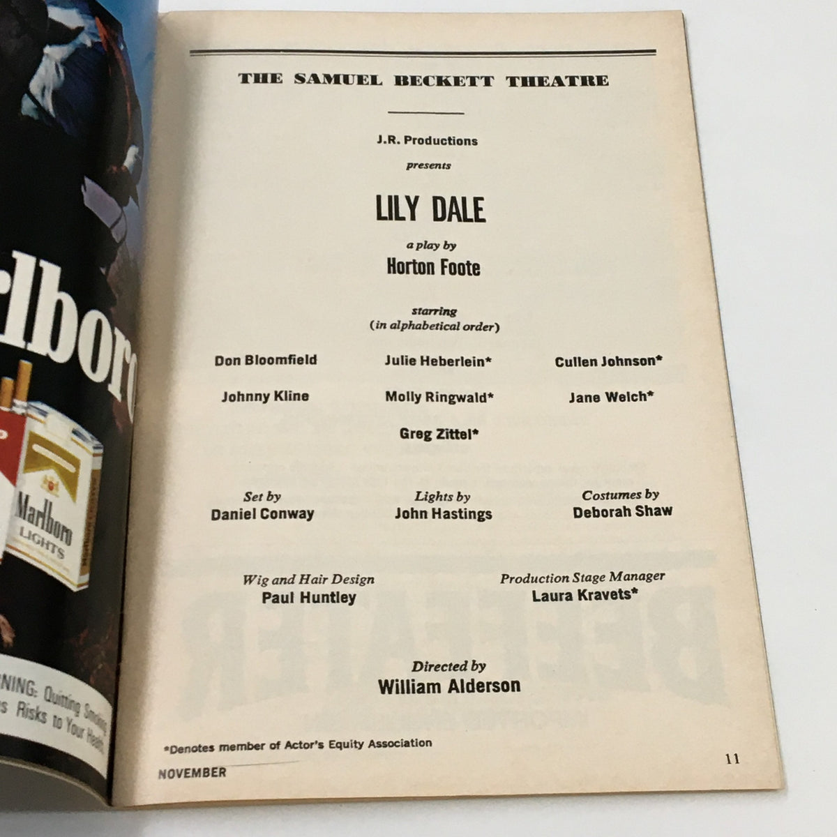 Interior page from the 1986 Playbill for 'Lily Dale,' a play by Horton Foote, featuring production credits and cast details at the Samuel Beckett Theatre.