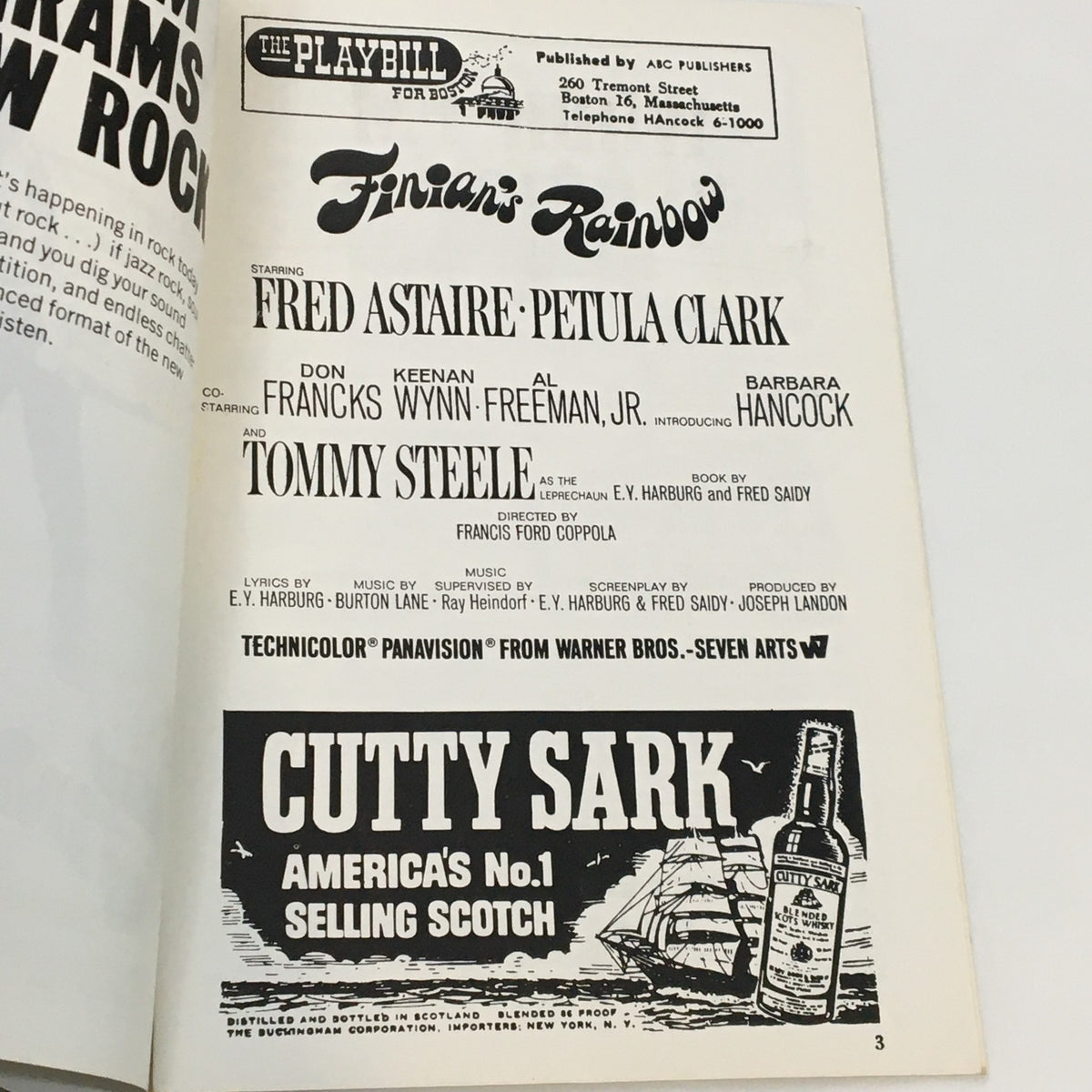 Inside image of the 1968 Playbill for The Saxon Theatre, highlighting Fred Astaire and Petula Clark in Finian's Rainbow, including cast details and advertisements.