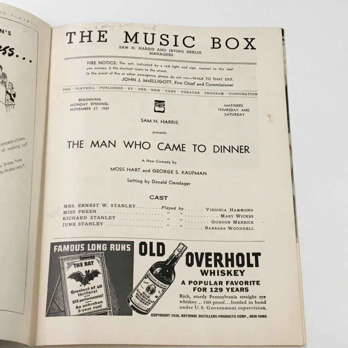 Interior page of the 1939 Playbill for 'The Music Box' displaying the cast list for 'The Man Who Came To Dinner'.
