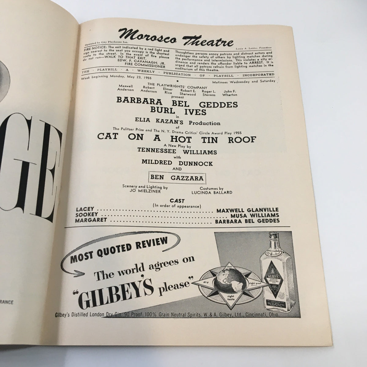 Inside page of the 1955 Playbill for 'Cat On A Hot Tin Roof' at Morosco Theatre, including cast details and production credits.