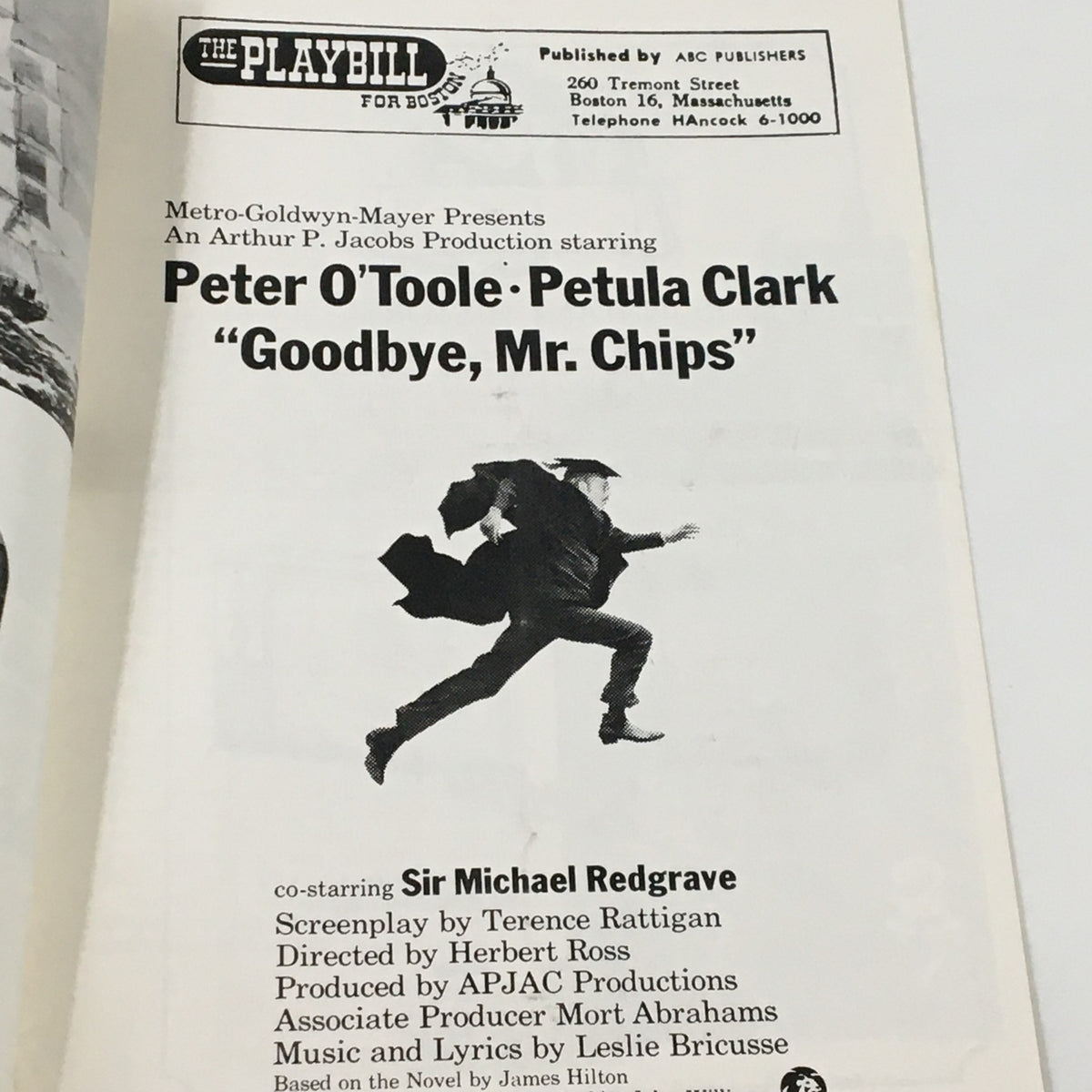 Interior page of the 1969 Playbill from The Gary Theatre, highlighting the cast including Peter O'Toole and Petula Clark in "Goodbye Mr. Chips." This page features credits and production details.