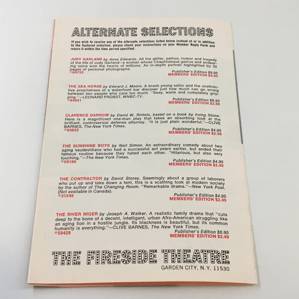 Back cover of the February 1976 Curtain Time magazine listing alternate selections including Same Time Next Year by Bernard Slade.
