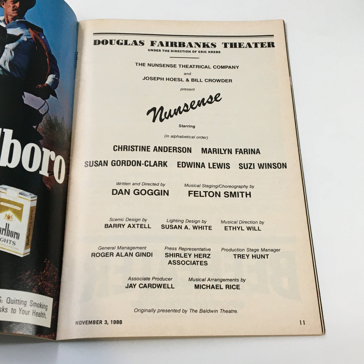 Inside page of the 1986 Playbill from the Douglas Fairbanks Theater for Nunsense, listing the cast and production details.